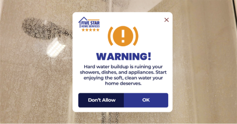 Hard water warning popup over a glass shower door covered in mineral stains, highlighting the urgent need to remove calcium buildup for cleaner water and surfaces.