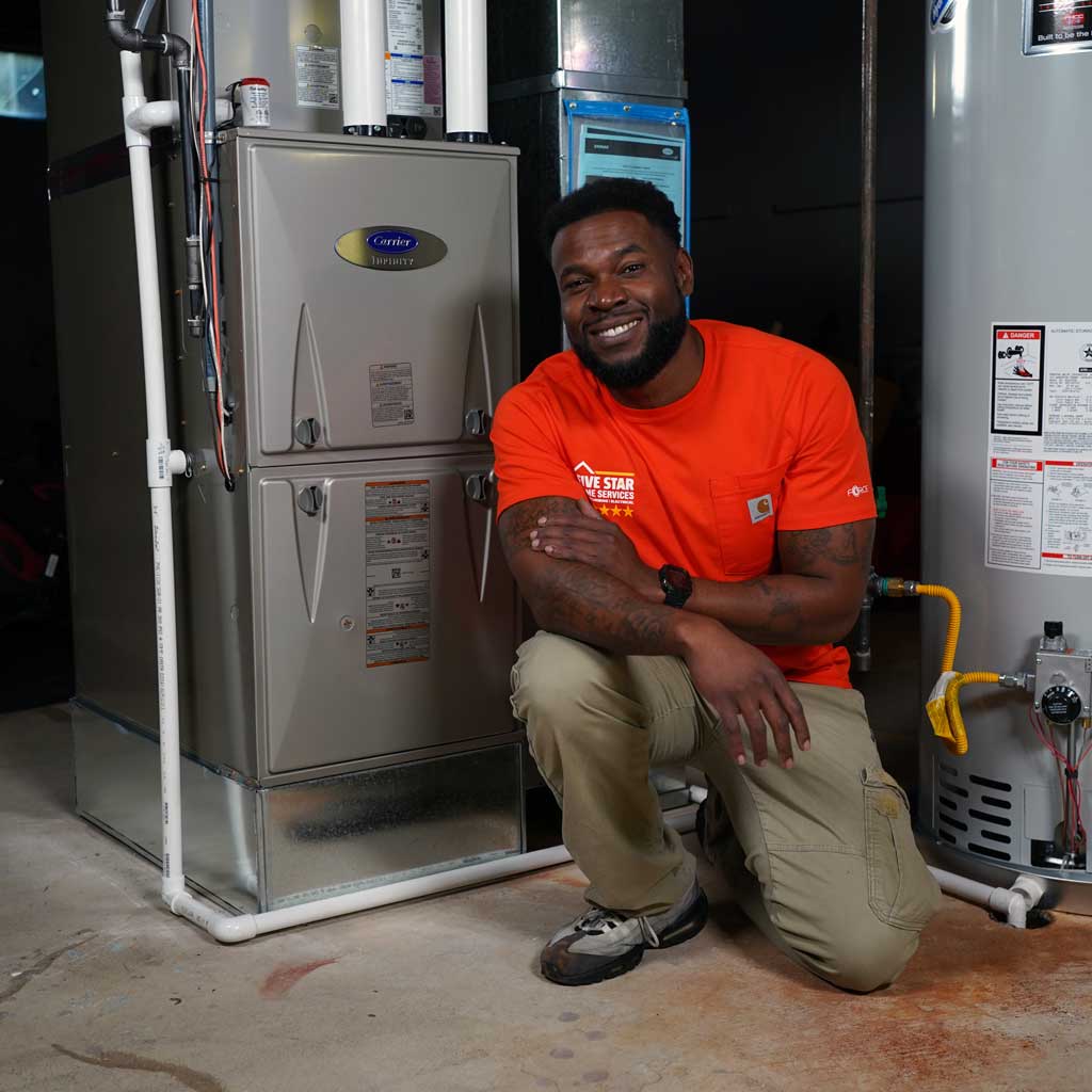 tech posing by furnace