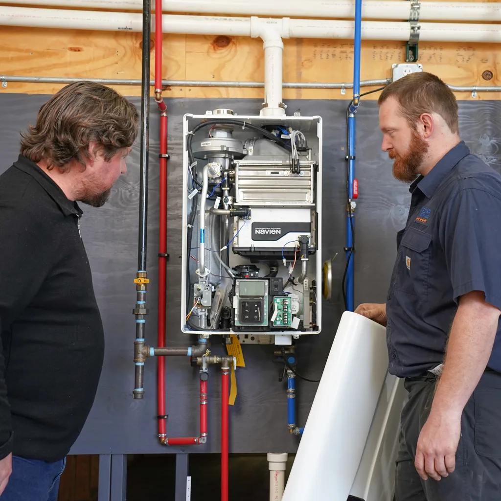 Two men examining a tankless water heater.