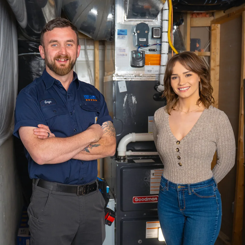 Five Star technician next to a homeowner